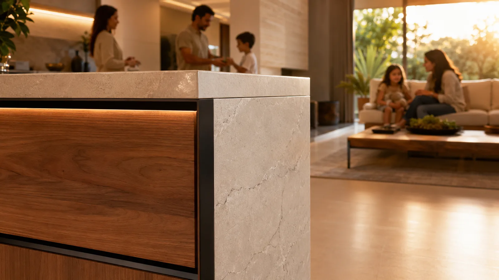 Detalhes de pedra e madeira em cozinha reformada