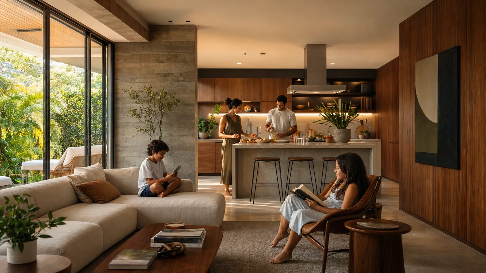 Família aproveitando sala e cozinha integradas após a reforma