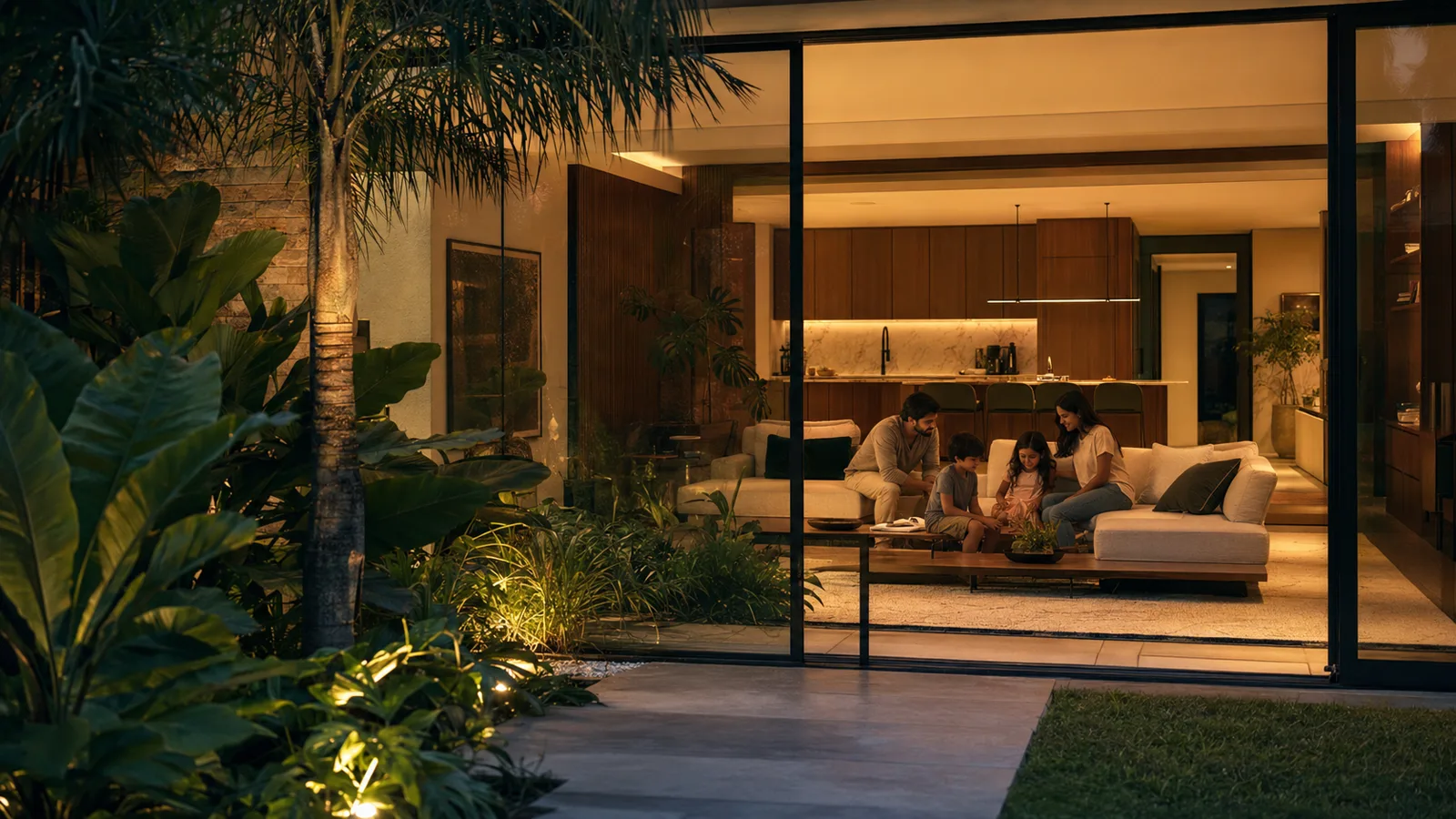 Casa integrada ao jardim durante a noite